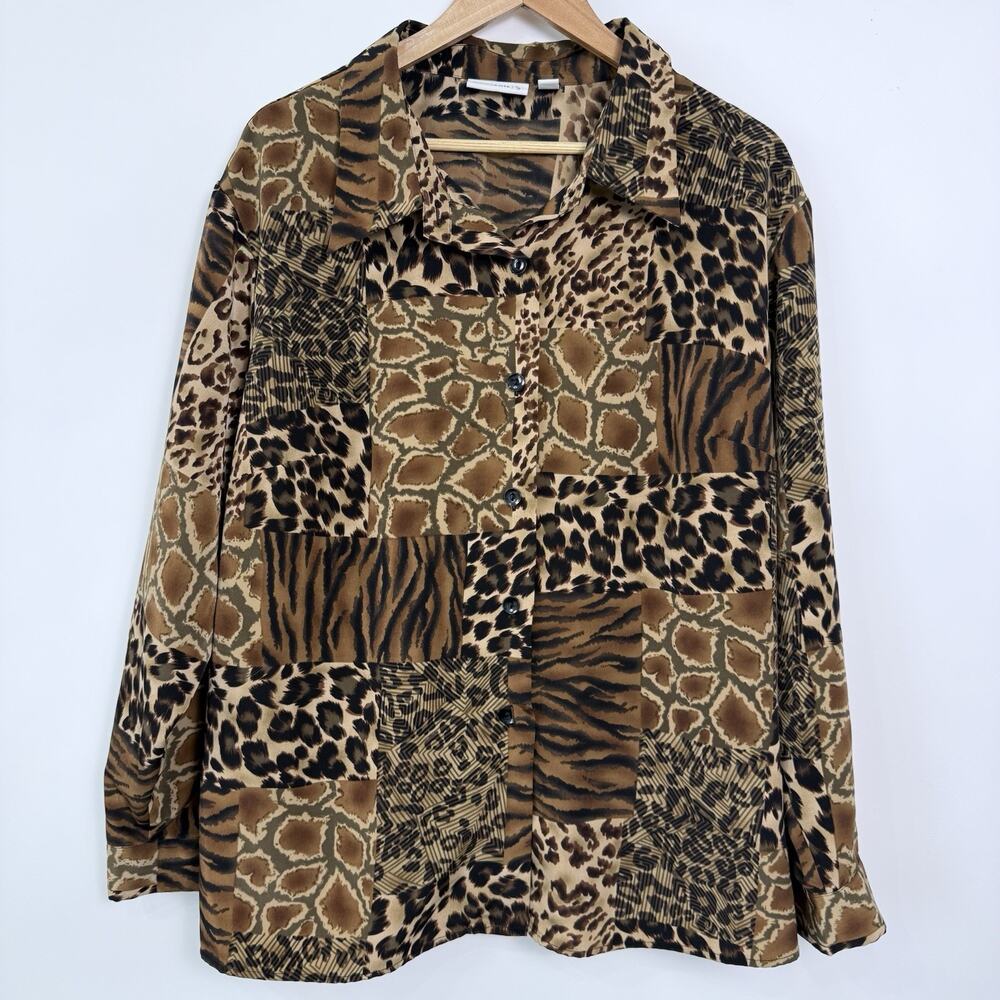 Womens Animal Print Button-Front Shirt - Brown